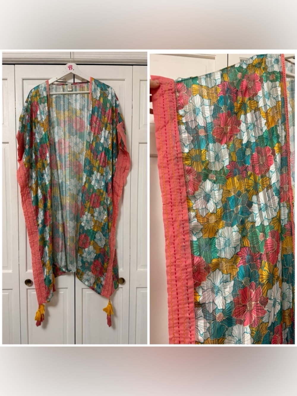 Cato Floral Sheer Kimono Tassel Hem Bohemian Resortwear Beach Fairycore Silky OS